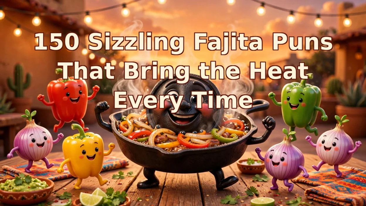 Glossy 3D cartoon of a smiling cast-iron fajita skillet dancing with happy peppers and onions on a wooden table at sunset, under string lights