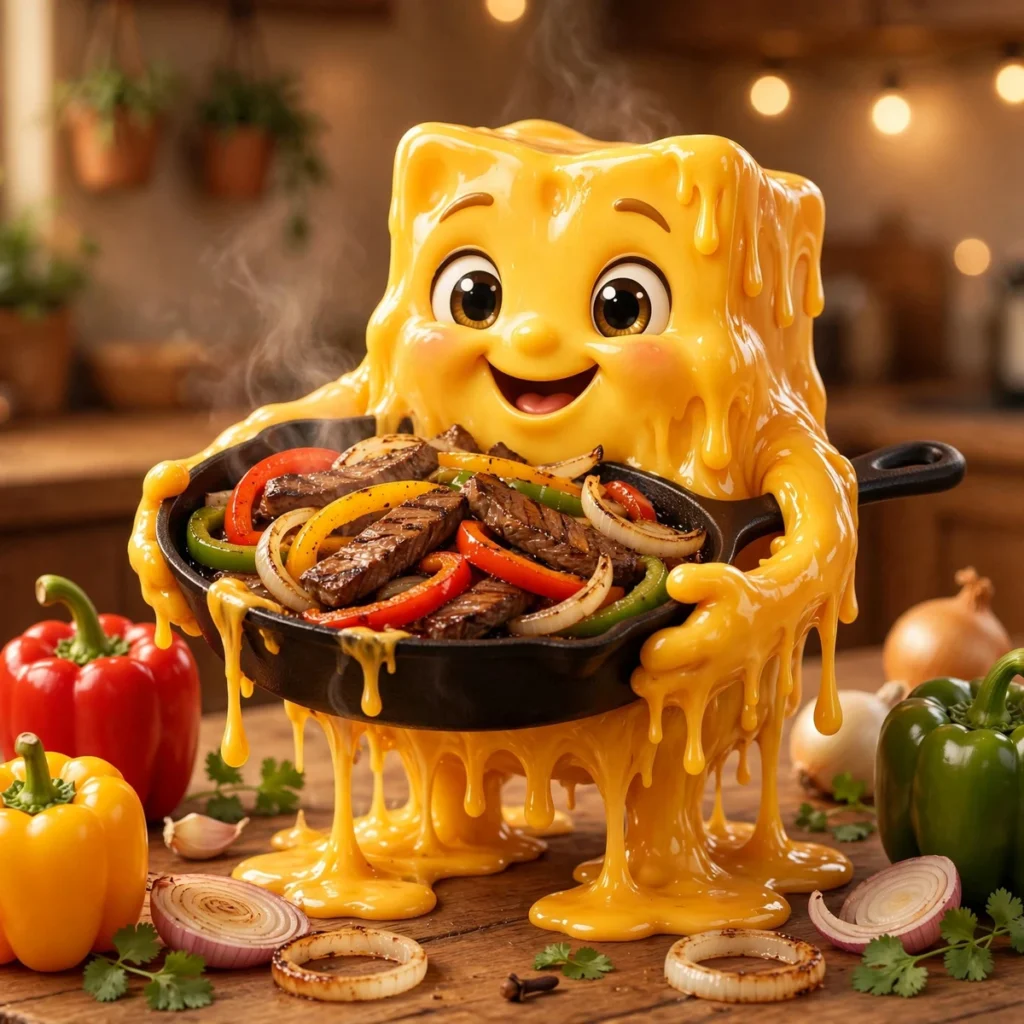 Cheesy fajita puns - 3D melting cheese character hugging a sizzling fajita skillet