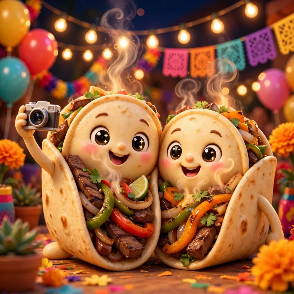 Fajita puns for Instagram captions - cute 3D fajita taco characters taking a selfie at a fiesta