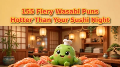 155 fiery wasabi puns — cute 3D wasabi character with sushi platter