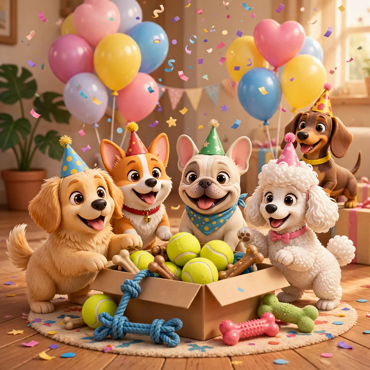 Happy cartoon dogs at a party with a gift box of toys