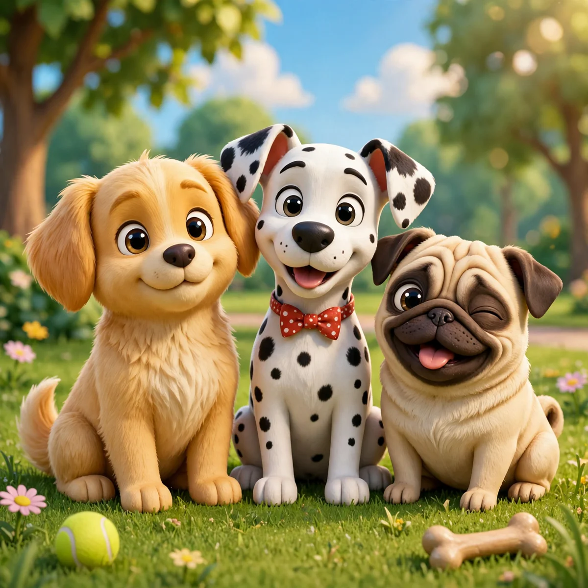 Three cute cartoon dogs posing for a photo in a sunny park