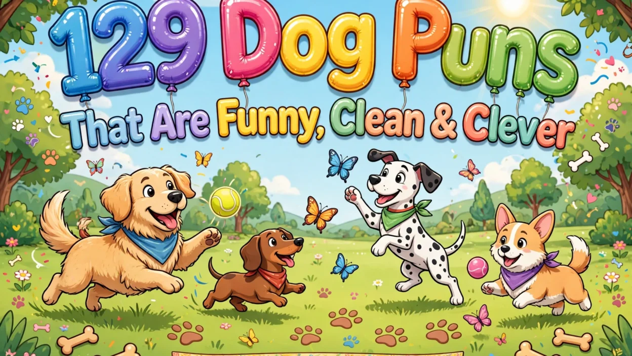 129 Dog Puns That Are Funny, Clean & Clever – colorful title poster with happy cartoon dogs playing in a sunny park