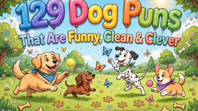 129 Dog Puns That Are Funny, Clean & Clever – colorful title poster with happy cartoon dogs playing in a sunny park