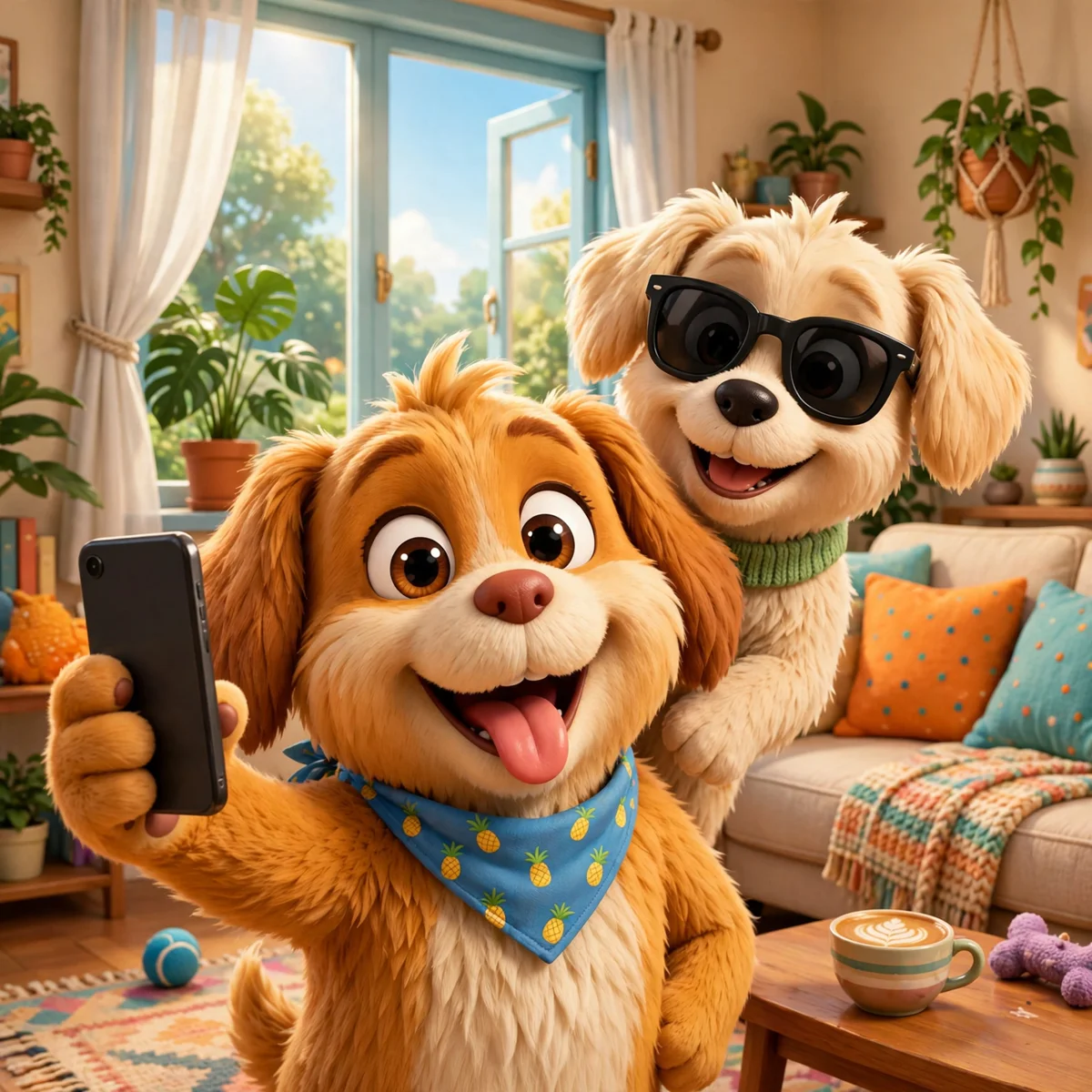 A cartoon dog taking a selfie while another dog photobombs
