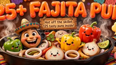 3D cartoon of a sizzling fajita skillet filled with smiling peppers, onion rings, a lime slice, and a cheerful chef in a sombrero, under big orange balloon letters that spell FAJITA PUNS