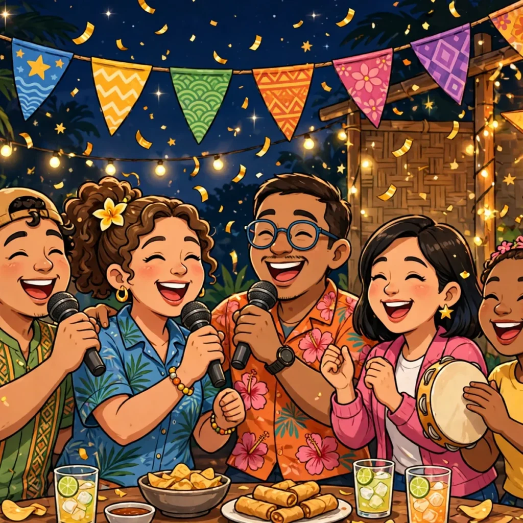 Filipino puns illustration featuring a cartoon karaoke party at night with friends singing, colorful fiesta flags, and golden confetti.