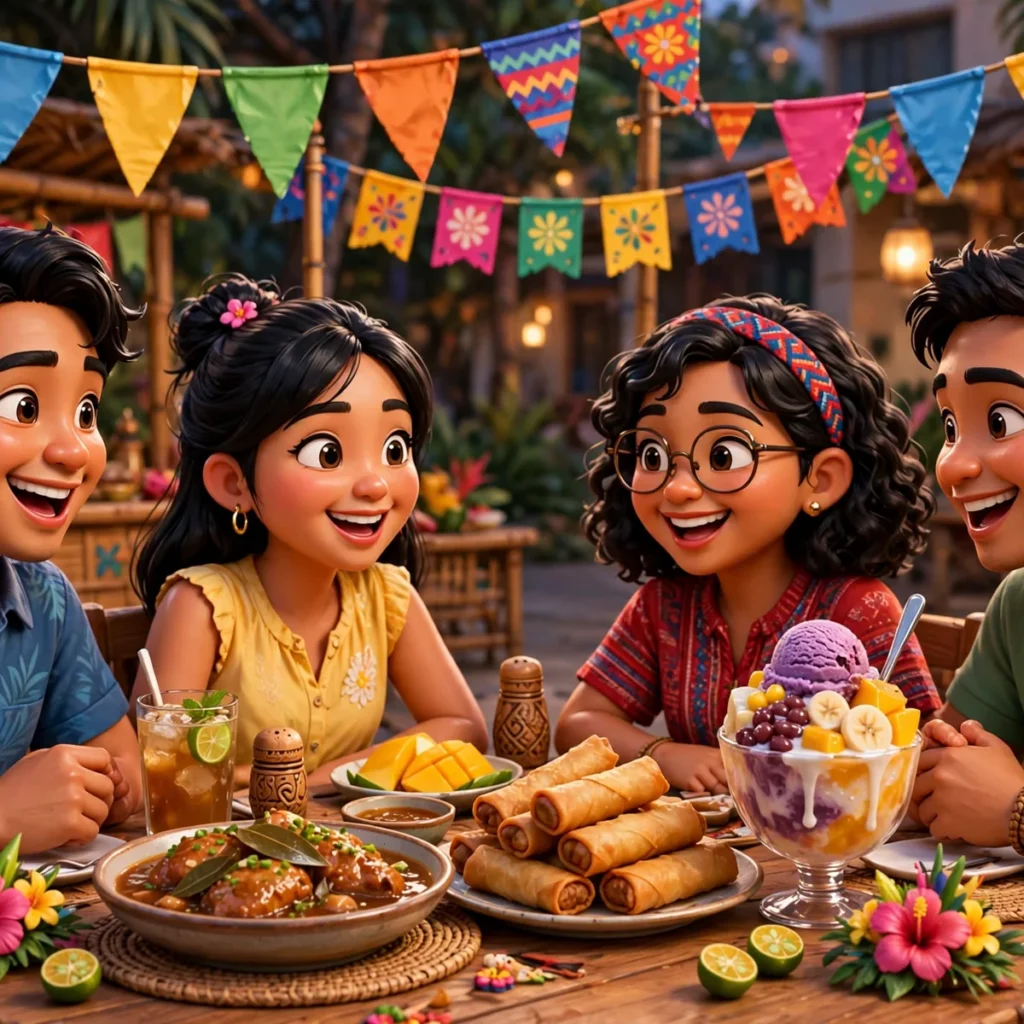 Filipino puns illustration featuring happy 3D cartoon friends at a fiesta table sharing adobo, lumpia, and halo-halo under colorful flags.