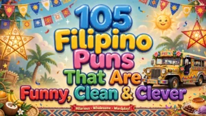 Filipino puns poster featuring a colorful jeepney, star lanterns, fiesta flags, tropical fruits, and halo-halo under big colorful title letters.