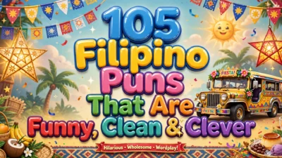 Filipino puns poster featuring a colorful jeepney, star lanterns, fiesta flags, tropical fruits, and halo-halo under big colorful title letters.