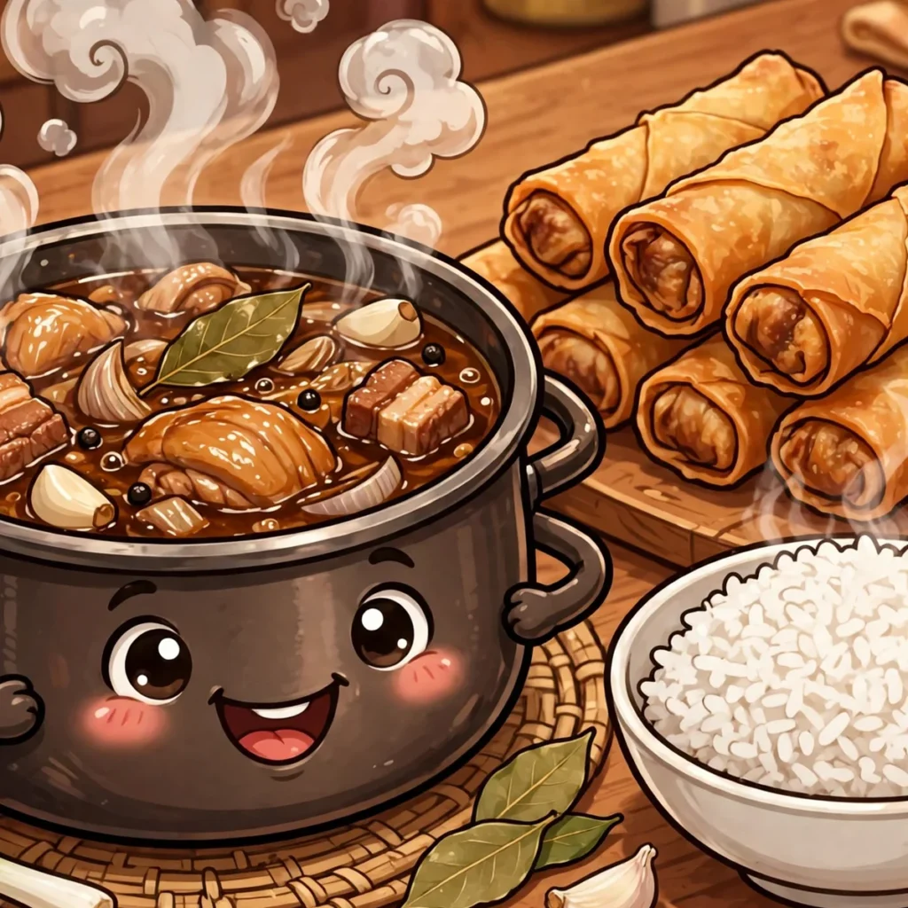 Filipino puns illustration featuring a steaming cartoon pot of adobo with a happy face, beside crispy lumpia rolls and a bowl of rice.