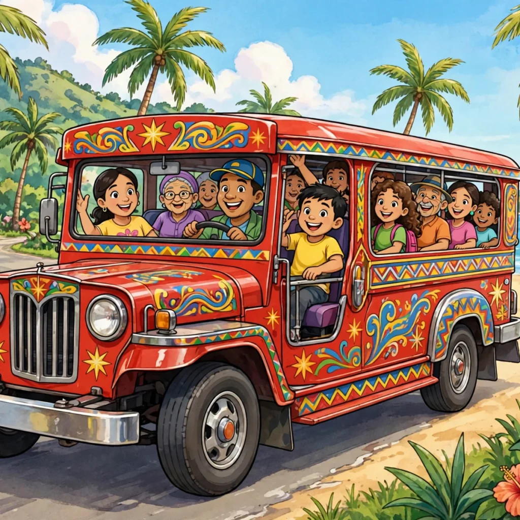 Filipino puns illustration featuring a colorful cartoon jeepney full of happy passengers driving past palm trees and a beach.