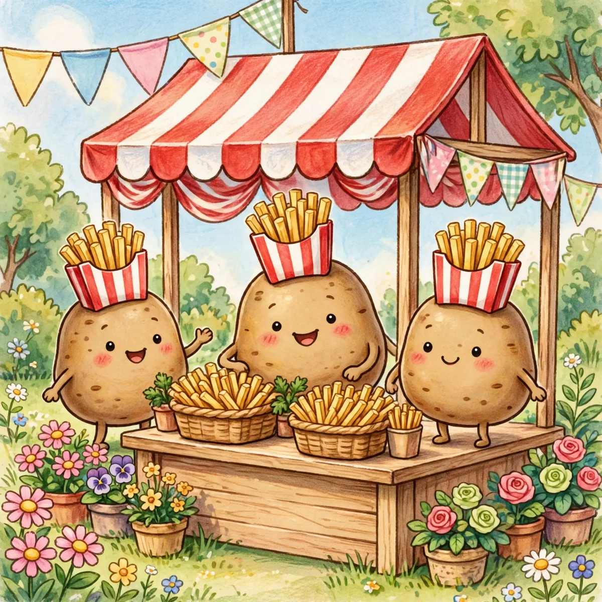 Three cute round potato characters with smiling faces wearing little red-and-white striped cartons of french fries as hats, standing at a wooden snack stand with a striped awning and baskets of fries.