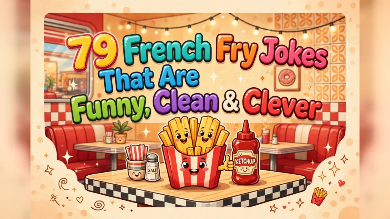 French fry jokes illustration featuring the title in big colorful 3D bubble letters over a cheerful retro diner scene, with a smiling carton of french fries giving a thumbs up next to a ketchup bottle on a diner table.