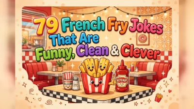 French fry jokes illustration featuring the title in big colorful 3D bubble letters over a cheerful retro diner scene, with a smiling carton of french fries giving a thumbs up next to a ketchup bottle on a diner table.