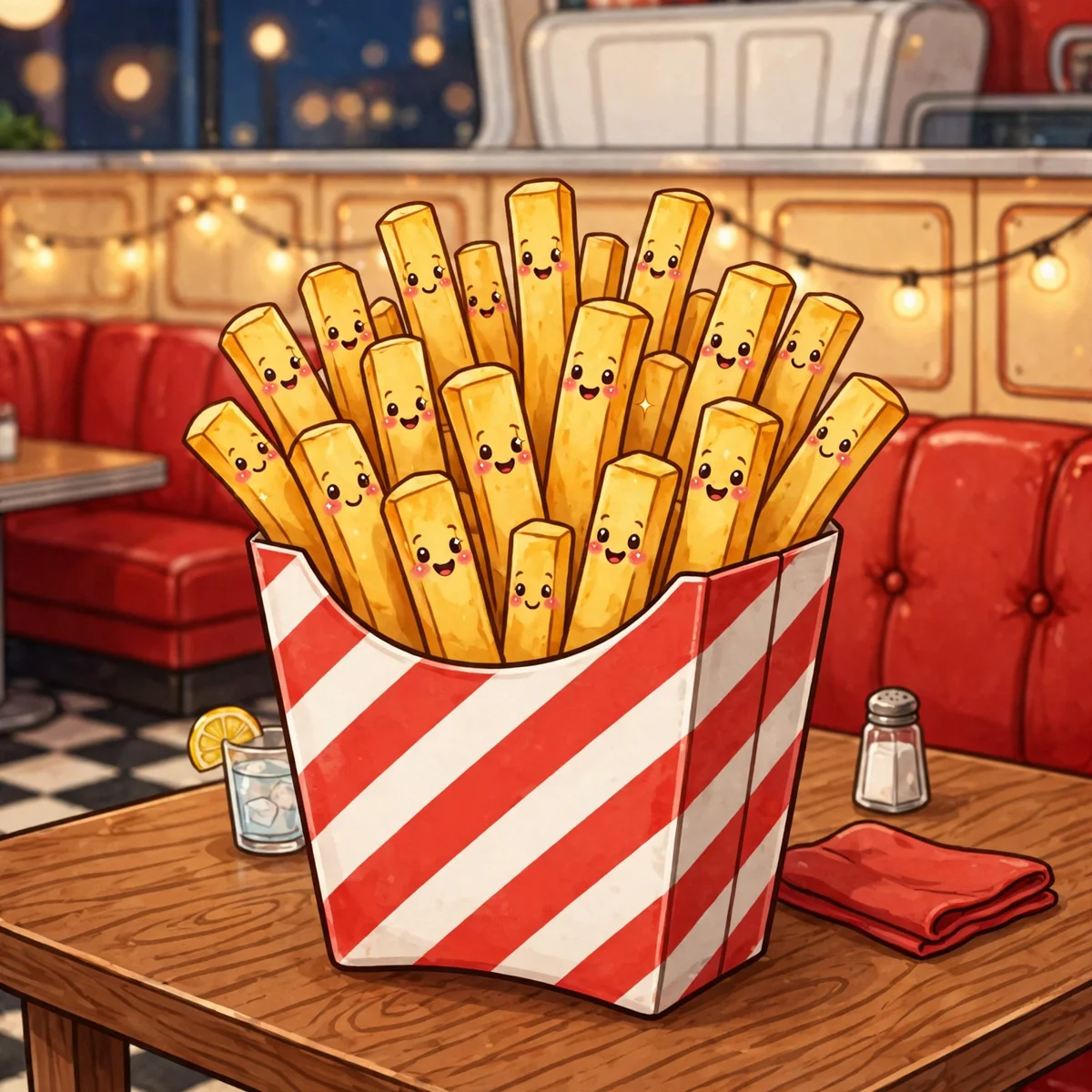 A red-and-white striped carton full of golden french fries, every fry with a cute smiling face and rosy cheeks, sitting on a wooden diner table with red booth seats and string lights behind.