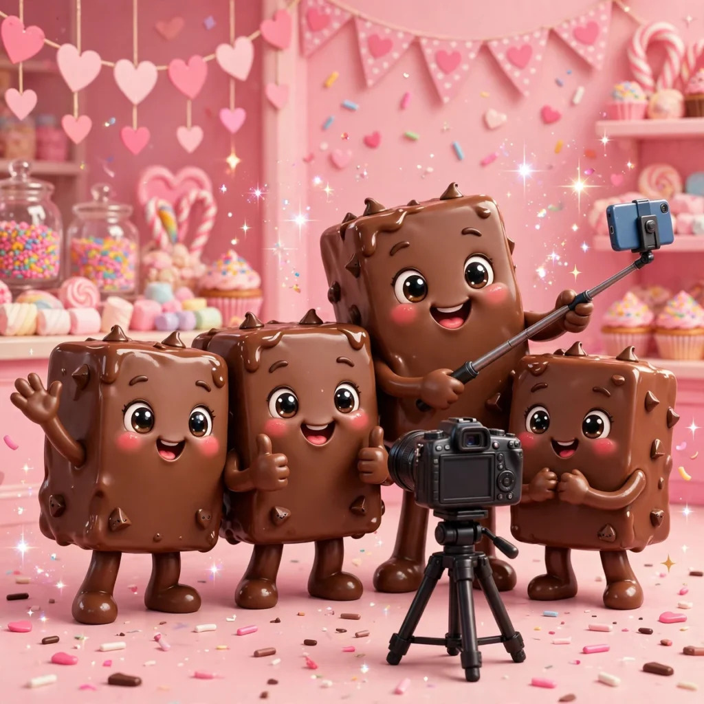 Four smiling chocolate fudge cube characters posing together for a camera on a tripod in a pink candy shop, one holding up a phone on a selfie stick, with heart garlands, cupcakes, candy jars, confetti and sprinkles scattered around them.