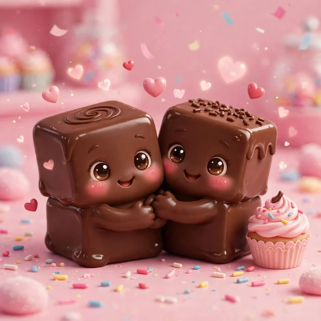 Two adorable glossy chocolate fudge cubes hugging cheek to cheek on a soft pink background — one with a chocolate swirl on top, the other with chocolate sprinkles — surrounded by floating pink hearts, colourful sprinkles and a small pink-frosted cupcake beside them.