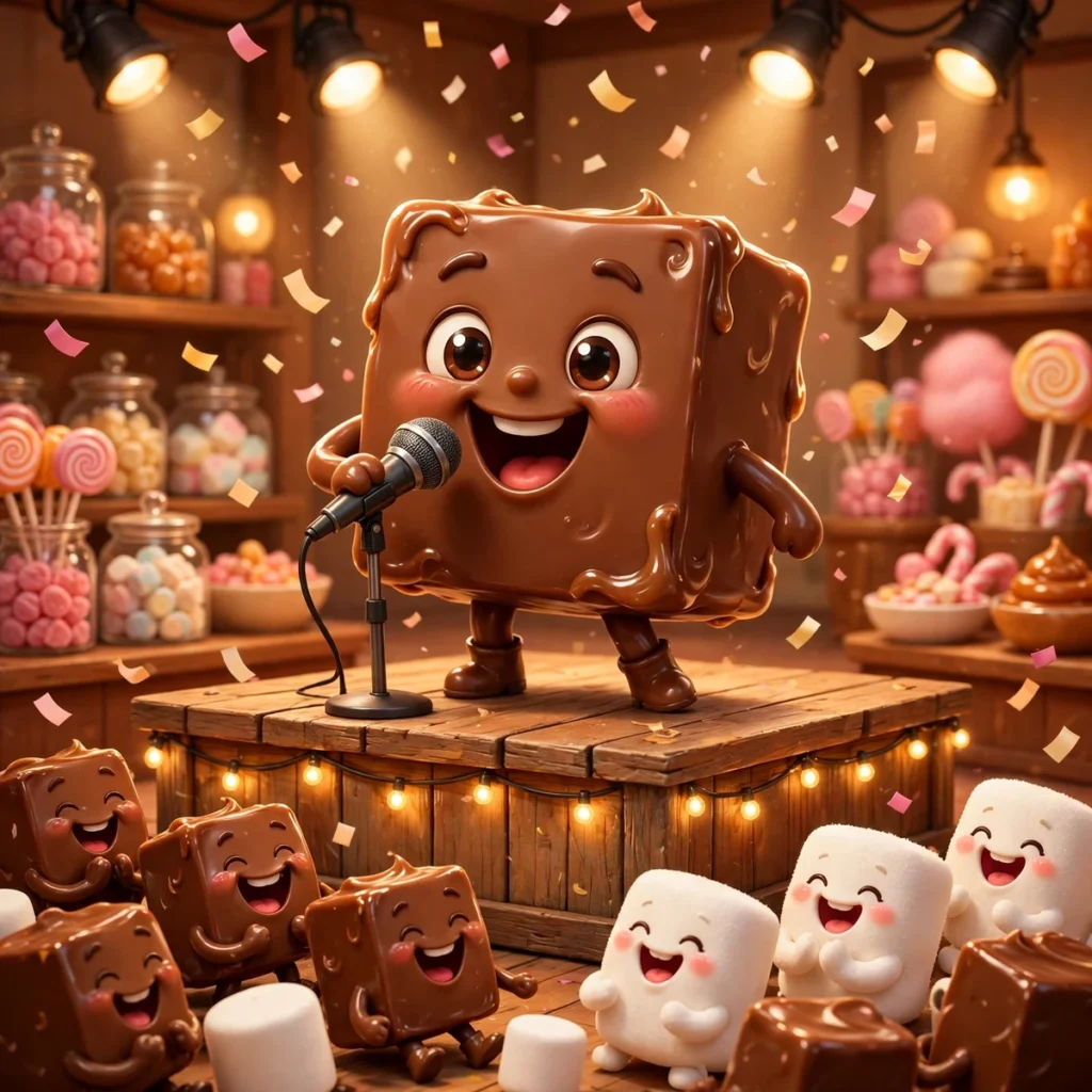 A cheerful milk-chocolate fudge cube character performing stand-up comedy with a microphone on a small wooden stage in a candy shop, while an audience of laughing fudge cubes and white marshmallow characters applauds under falling confetti and warm spotlights.