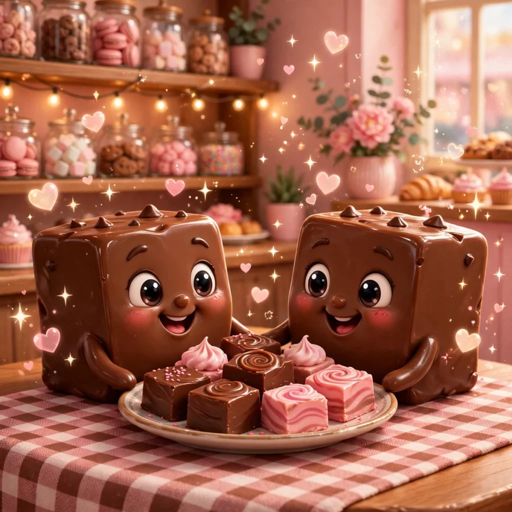Two smiling chocolate fudge cube characters sitting at a table with a checked cloth, happily sharing a plate of fudge squares — rich chocolate swirl pieces beside pink strawberry swirl pieces — inside a cosy sweet shop with jars of candy, fairy lights, floating hearts and sparkles.