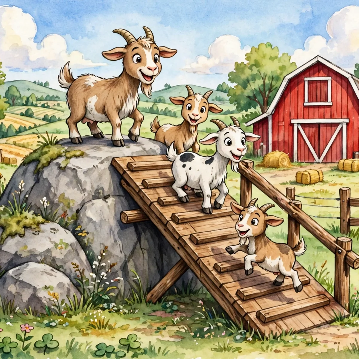 Four smiling cartoon goats playing on a large grey rock and a wooden climbing ramp in a farmyard, with a red barn, hay bales, fences and green rolling hills behind them.