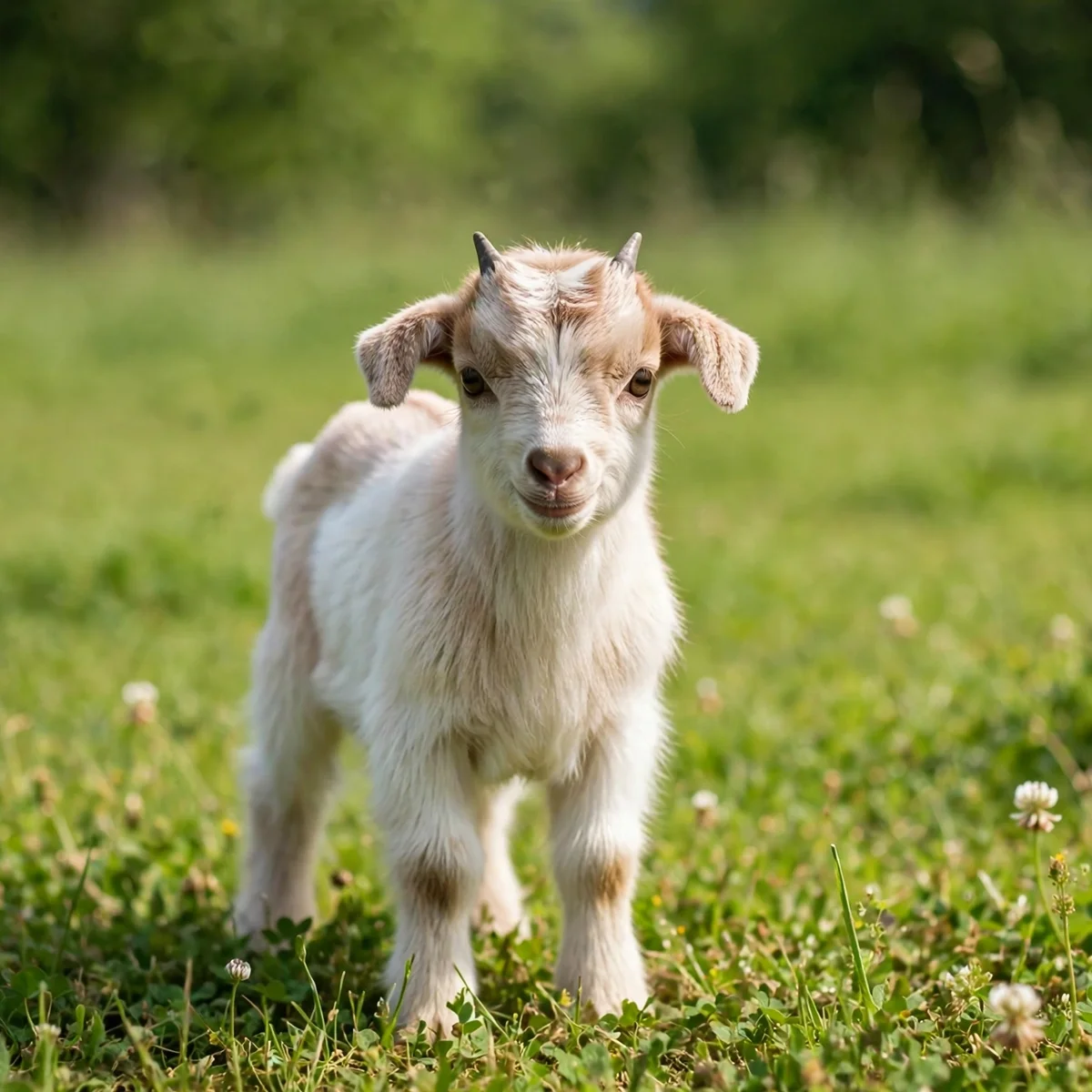 A small cream and tan baby goat with tiny horns and floppy ears standing in a green clover pasture, looking directly at the camera in soft sunlight.