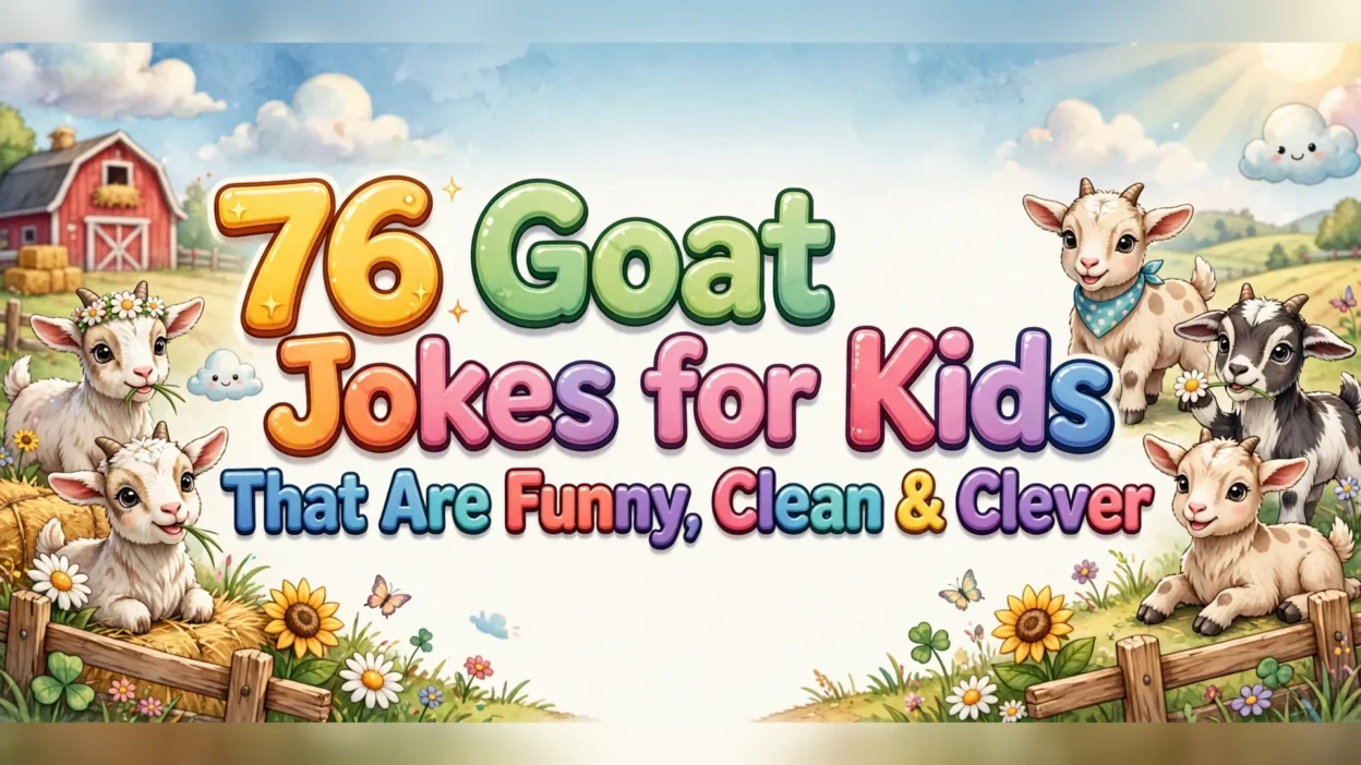 Goat jokes for kids illustration featuring the title in big colorful 3D bubble letters over a sunny farm scene, with five cute baby goats, a red barn, sunflowers, daisies and wooden fences.
