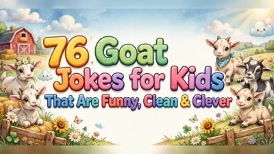Goat jokes for kids illustration featuring the title in big colorful 3D bubble letters over a sunny farm scene, with five cute baby goats, a red barn, sunflowers, daisies and wooden fences.