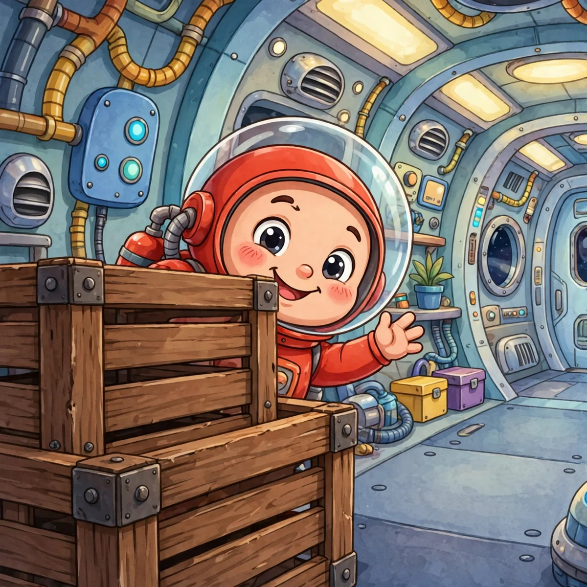 A cute cartoon astronaut in a red spacesuit with a clear bubble helmet, waving with a cheeky grin while hiding behind stacked wooden crates in a spaceship hallway with pipes, vents and a round porthole.