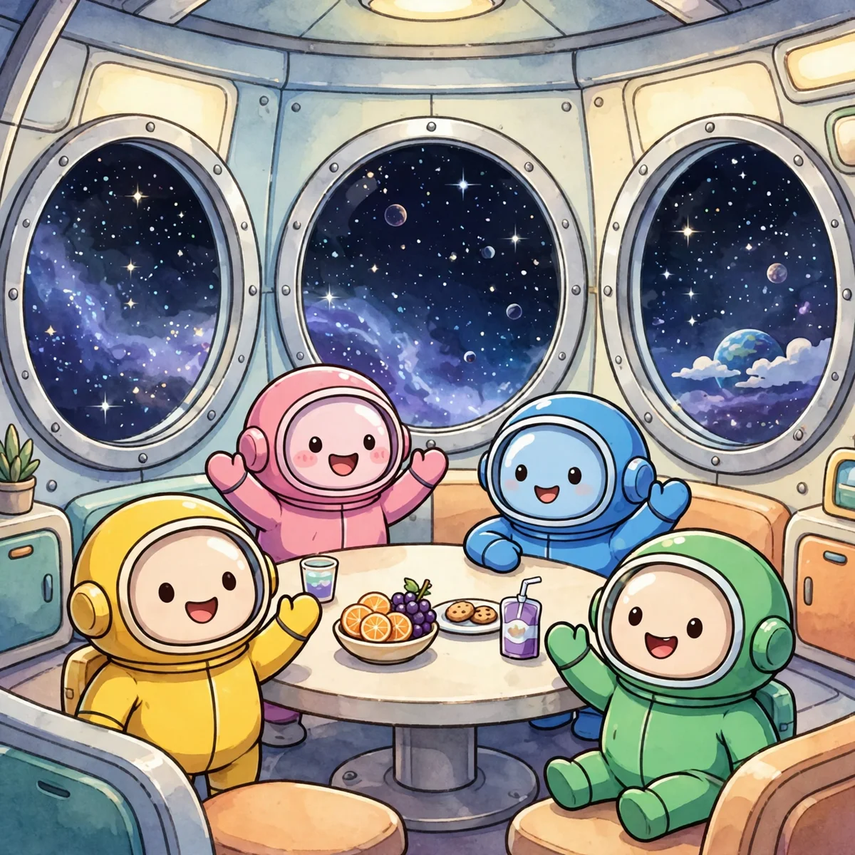 Four cute cartoon astronauts in pink, blue, yellow and green spacesuits waving happily around a round cafeteria table with a bowl of fruit, cookies and a juice box, in front of three big oval windows showing stars, planets and Earth.