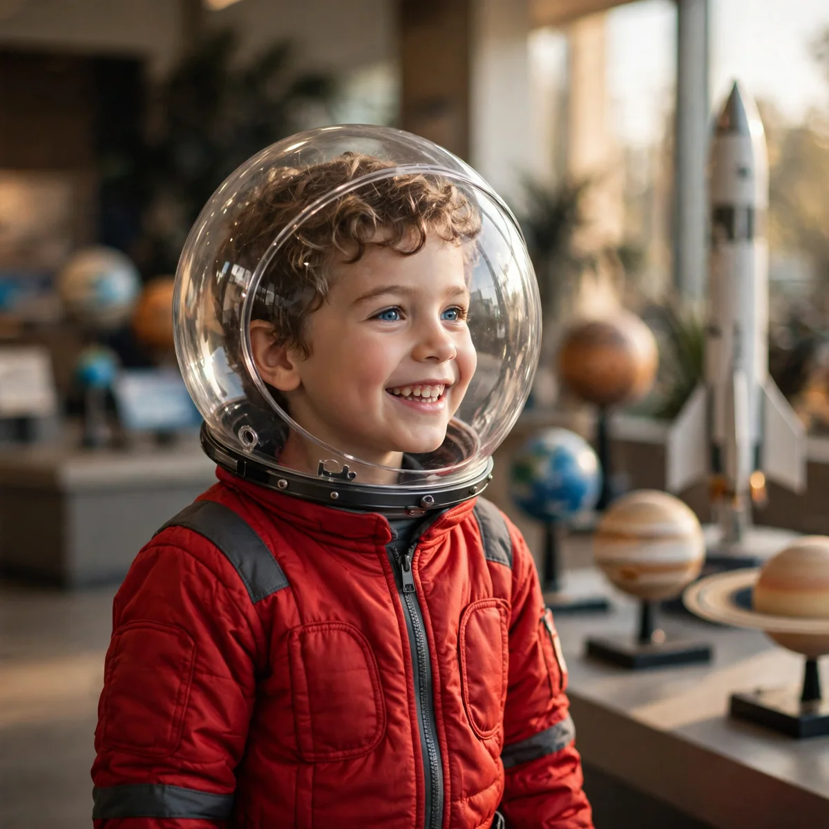 A smiling young boy wearing a red astronaut suit and a clear round bubble helmet, standing in a space exhibit with model planets and a tall model rocket softly blurred behind him.