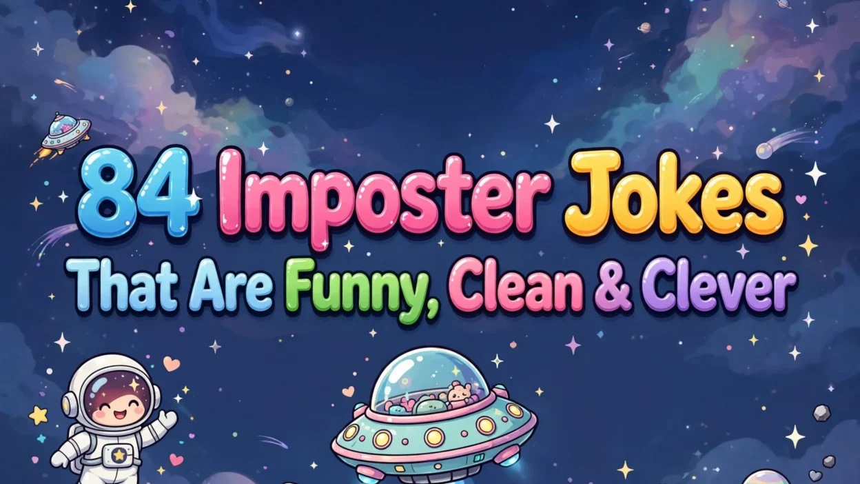 Imposter jokes illustration featuring the title in big glossy multicolored 3D bubble letters centered on a dark starry space background, with a waving cartoon astronaut and a cute flying saucer below the lettering.