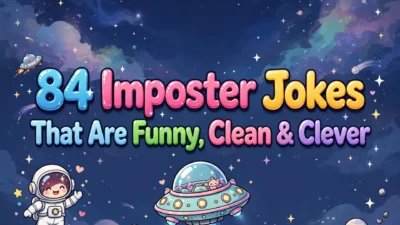 Imposter jokes illustration featuring the title in big glossy multicolored 3D bubble letters centered on a dark starry space background, with a waving cartoon astronaut and a cute flying saucer below the lettering.