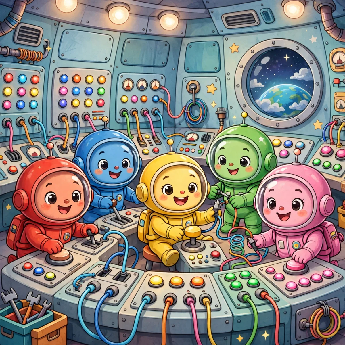 Five cute cartoon astronauts in red, blue, yellow, green and pink spacesuits working at colorful control panels with buttons, levers and tangled wires inside a spaceship, with planet Earth visible through a big round window.