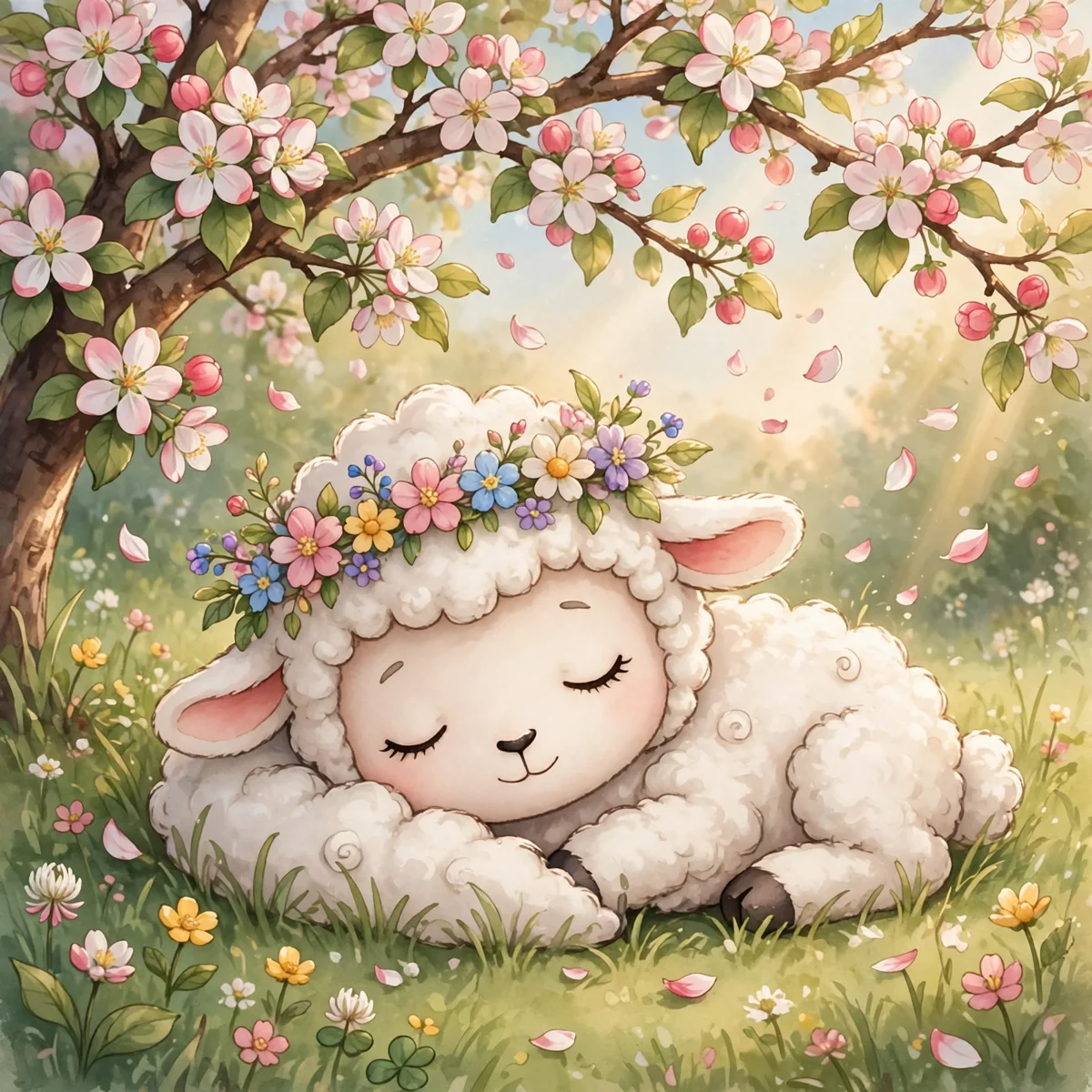 A fluffy white cartoon lamb wearing a crown of colorful spring flowers, sleeping peacefully in green grass beneath a blossoming apple tree with falling petals.