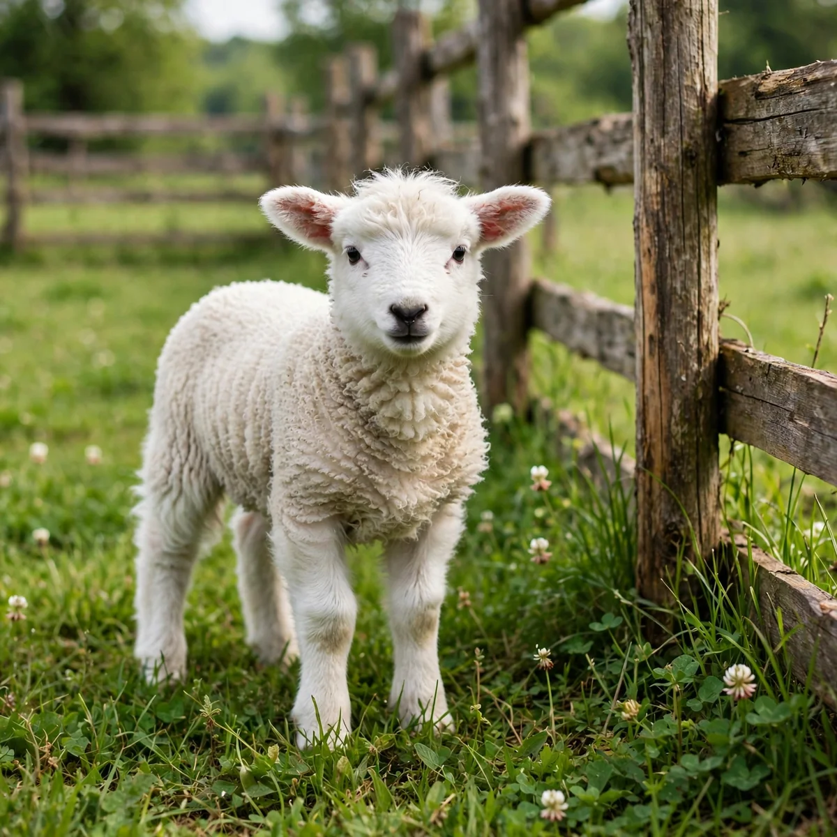 A young white lamb with a thick curly fleece standing in green grass beside a weathered wooden fence, looking directly at the camera.