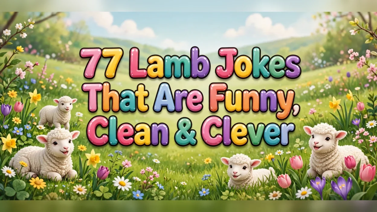 Lamb jokes illustration featuring the title in big colorful 3D bubble letters over a sunny spring meadow, with four fluffy white lambs resting among tulips, daffodils, daisies and green hills.