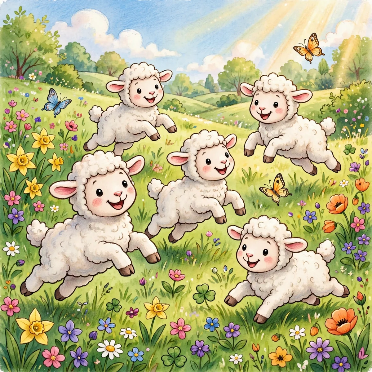 Five fluffy white cartoon lambs leaping and frolicking through a spring meadow filled with daffodils, poppies, daisies and butterflies under golden sunshine.