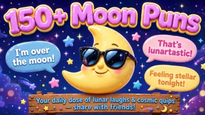 150+ moon puns featured image with cute 3D moon character