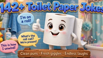 142+ toilet paper jokes featured image with cute 3D TP roll character
