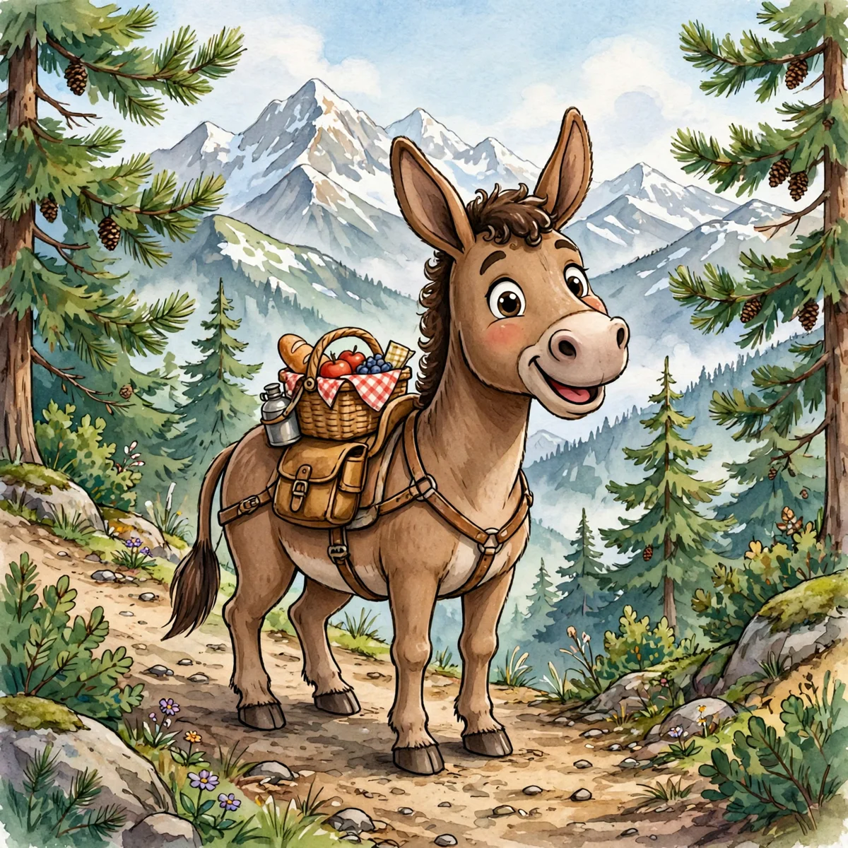 A cheerful brown cartoon mule wearing a leather pack saddle with a picnic basket of bread, apples and berries, standing on a rocky mountain trail among pine trees with snowy peaks behind.