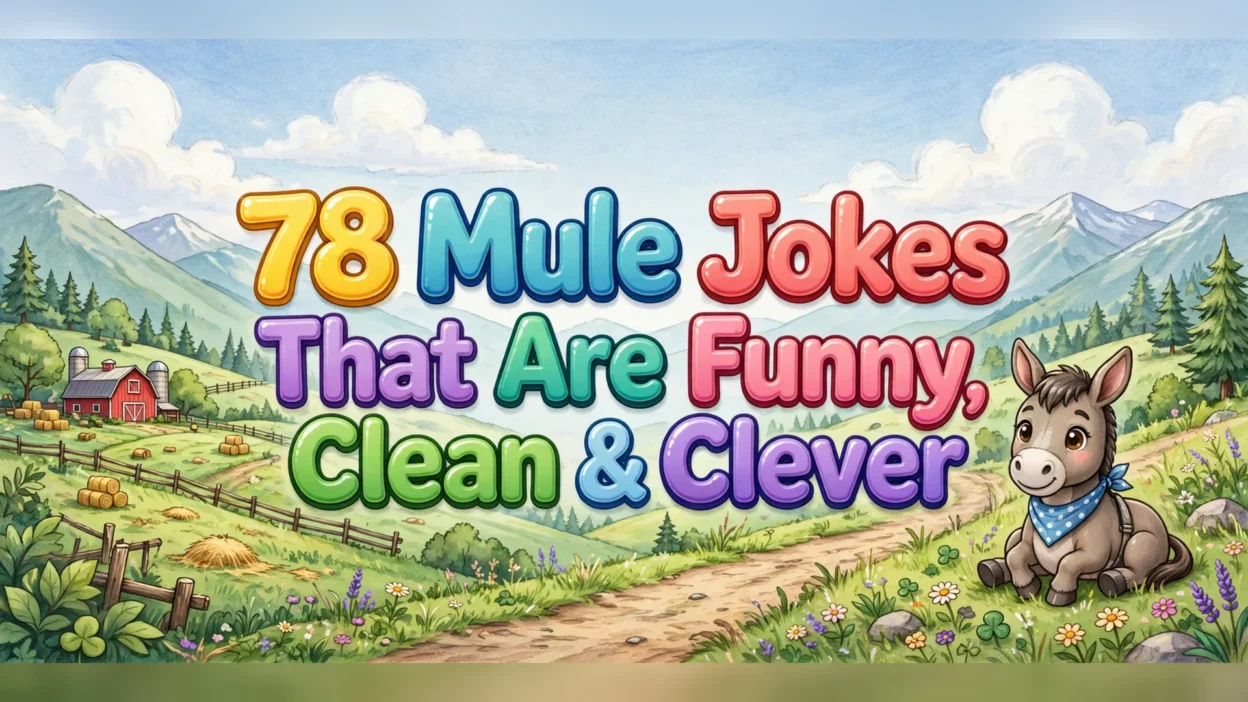 Mule jokes illustration featuring the title in big colorful 3D bubble letters over a watercolor farm valley with green hills, a red barn, hay bales, snowy mountains and a cute grey mule in a blue polka-dot bandana sitting by a dirt trail.