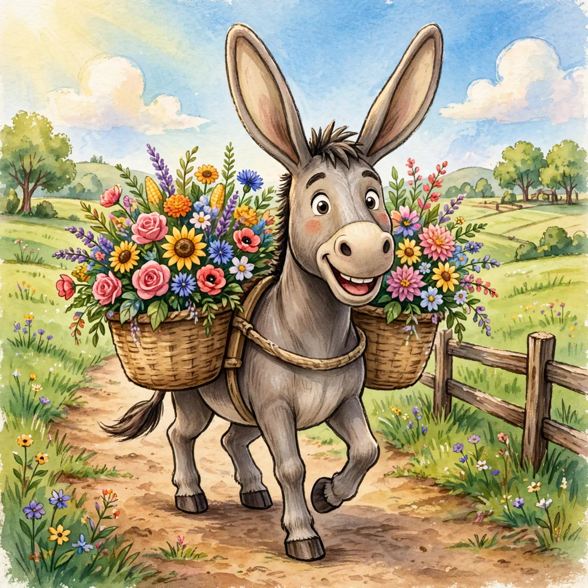 A smiling grey cartoon mule with very long ears carrying two woven baskets overflowing with roses, sunflowers and wildflowers along a dirt farm path beside a wooden fence.