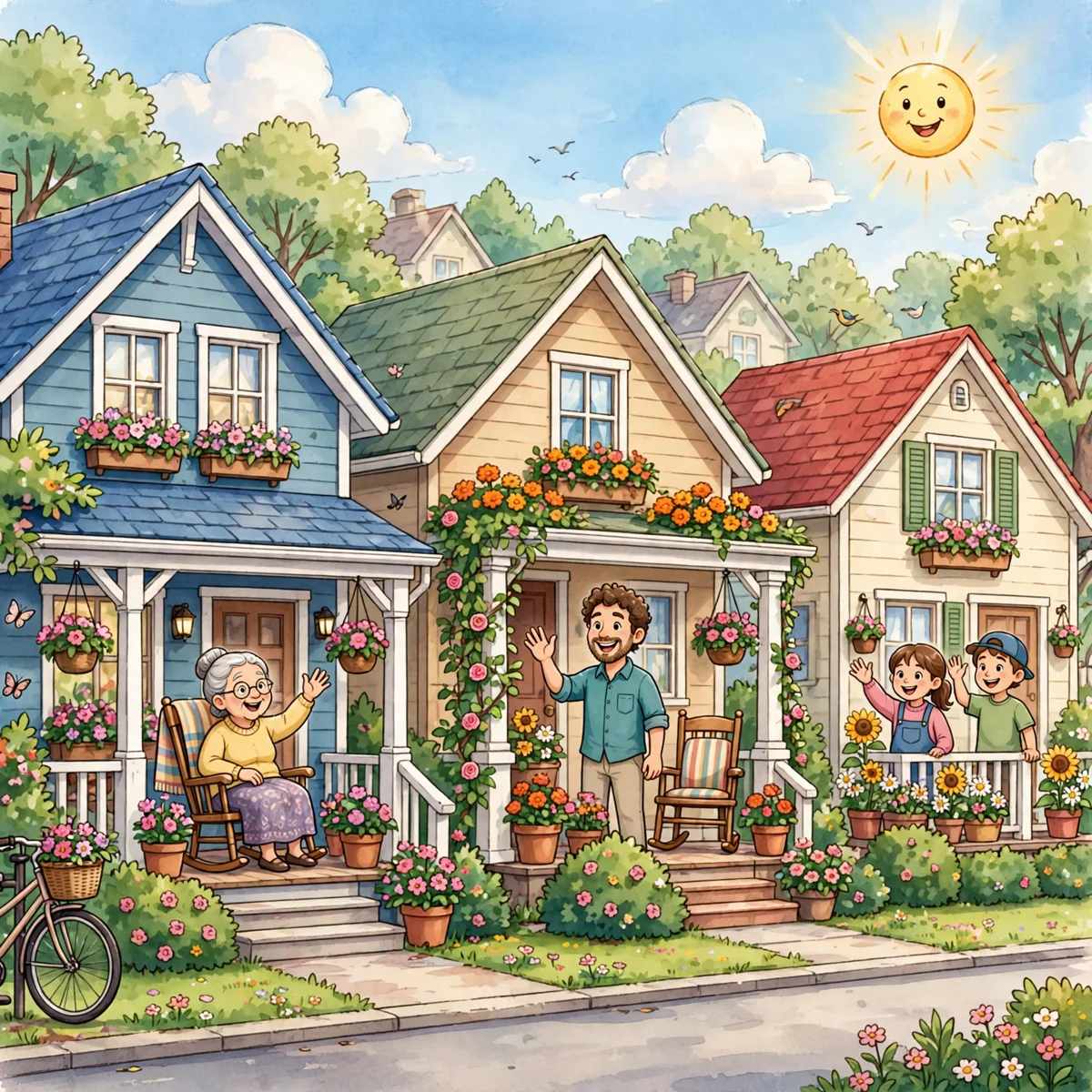 A cheerful cartoon street with three colorful houses, where an elderly woman in a rocking chair, a smiling man, and two children wave at each other from porches covered in flowers.