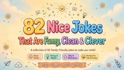Nice jokes illustration featuring the title in big colorful 3D bubble letters on a soft sunny sky background, with a smiling sun, daisies, confetti and playful doodle icons.