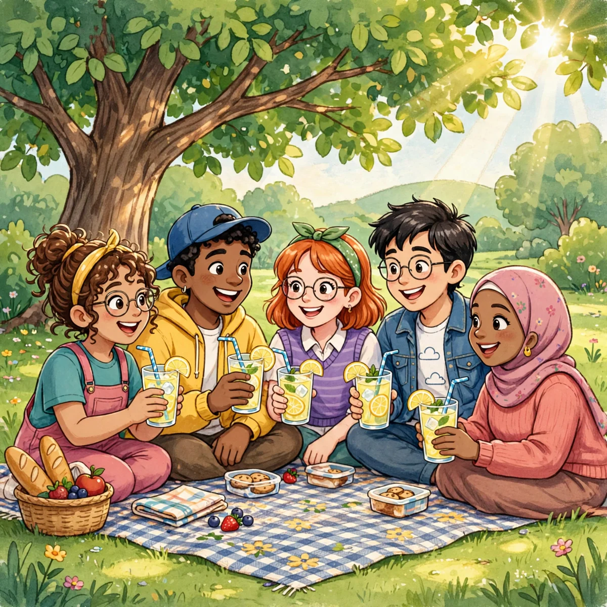 Five happy cartoon friends sitting on a checkered picnic blanket under a big leafy tree in a sunny park, each holding a glass of lemonade with a lemon slice and straw.