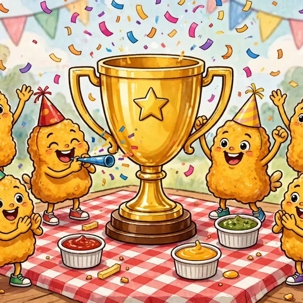 Nugget puns illustration featuring cartoon chicken nugget characters cheering around a giant golden trophy with confetti in the air.