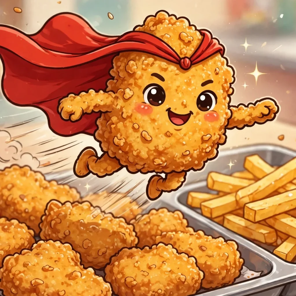 Nugget puns illustration featuring a golden crispy chicken nugget wearing a tiny superhero cape, flying above a tray of nuggets and fries.