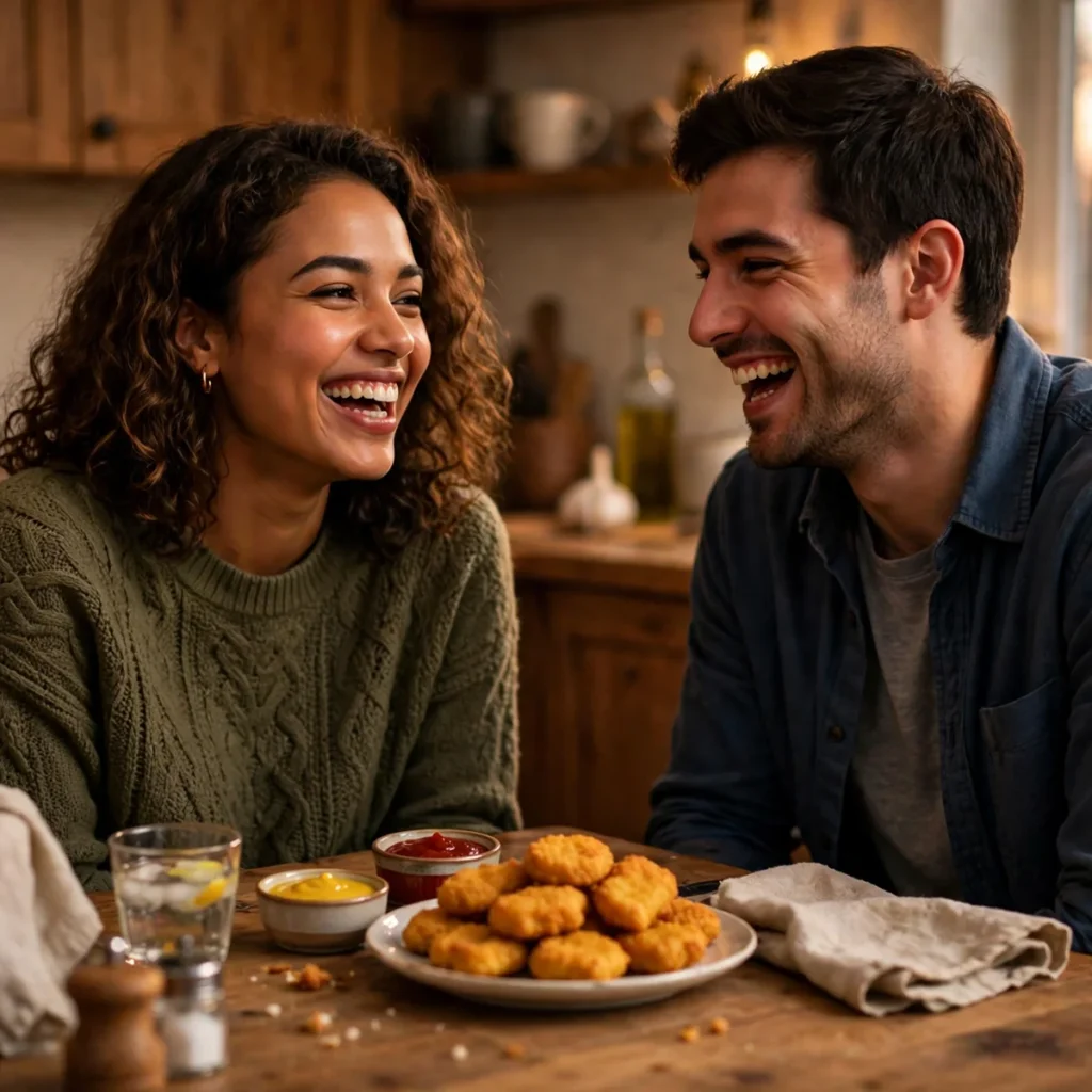 Nugget puns photo of two friends laughing at a kitchen table while sharing a plate of golden chicken nuggets and dipping sauces.