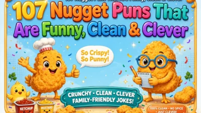 Nugget puns poster featuring two cheerful cartoon chicken nugget characters, a tiny chick, ketchup and mustard cups, and golden nuggets under big colorful title letters.